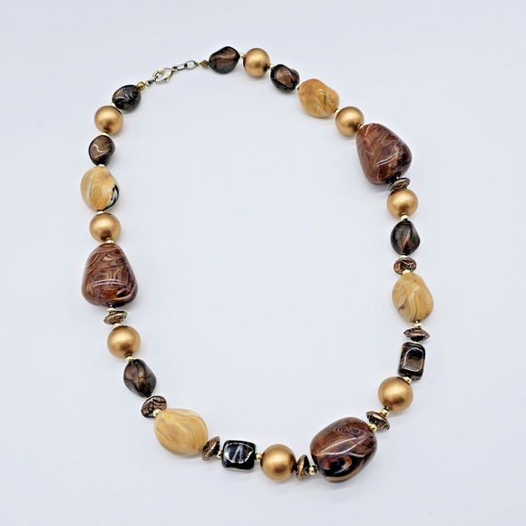 Marbled Faux Stone Necklace Chunky Statement Brown Camel Gold Beaded Jewelry - Picture 4 of 6